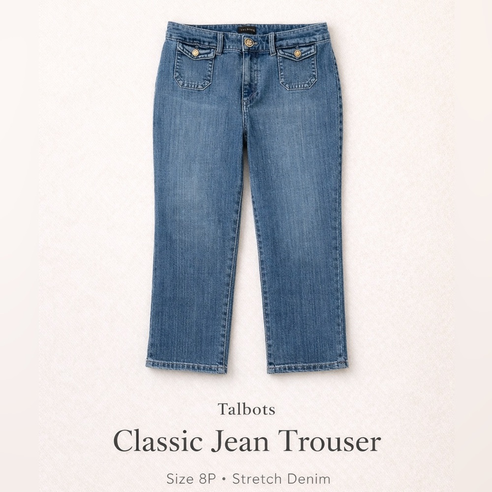 Talbots Classic Jean Trouser 8P Petite Blue Jeans Denim Gold Button Pocket